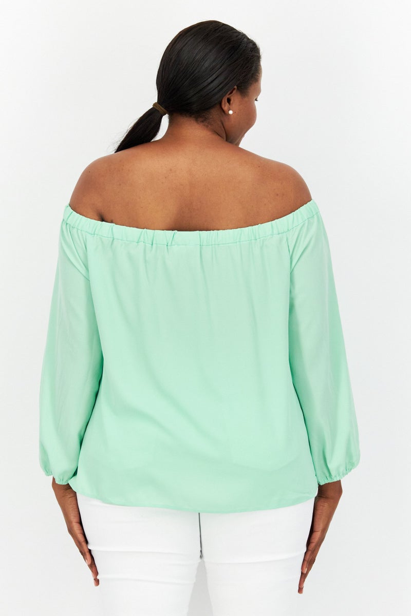 Riley & Rae Women  Off Shoulder 3/4 Sleeve Plain Top, Green - Image 2